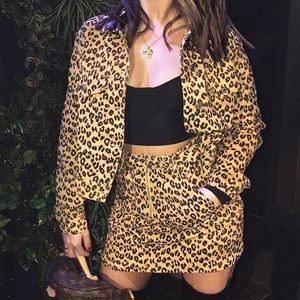 mustard leopard crop trucker jacket & skirt co-ord
